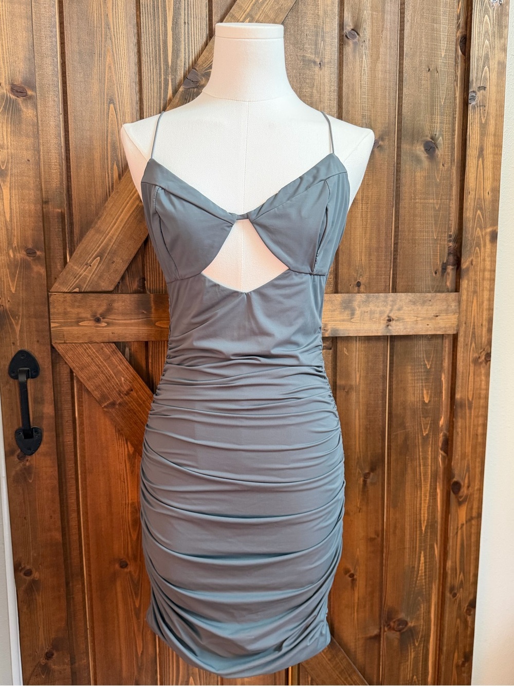 NWOT Tiger Mist Grey Ruched Mini Body Con Dress Cut Out Sz LG Nylon Blend